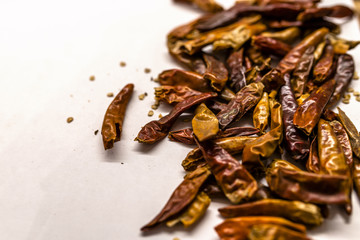 Lot of dried chili as a food background. Cayenne pepper or paprika