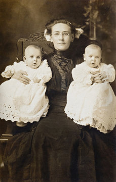  Mother and Twins Antique Photograph