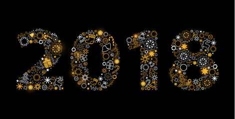 Christmas hand drawn lettering. Christmas tree decoration, snowflakes, gifts. Winter holidays.