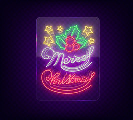 Merry Christmas, welcome card, done in neon style isolated. Neon sign on the Christmas theme. Bright banner, bright festive night sign. Vector illustration. Neon sign on transparent glass