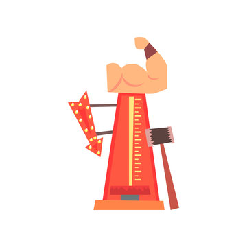 High Striker Attraction With Big Hammer, Arrow With Lights And Muscular Arm. Strength Tester Or Strongman Game. Amusement Park. Flat Vector For Flyer Or Banner