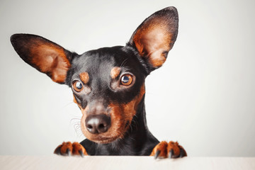 portrait of a dog on a white background. Dwarf pinscher stands o