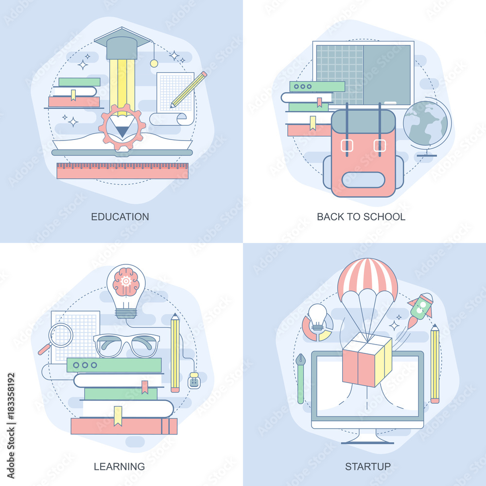 Poster blue flat conceptual icons set of online education, video tutorials, staff training, learning, knowl