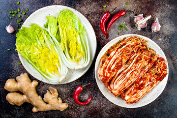 Preparing cabbage kimchi. Korean traditional cuisine. Fermented food. - obrazy, fototapety, plakaty