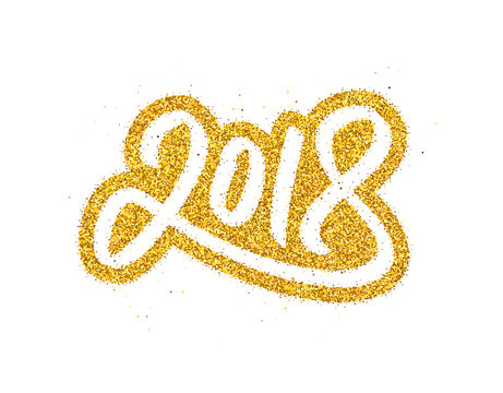 Happy New Year 2018 greeting card design with golden calligraphic text isolated on white background. Vector festive illustration with modern typography.