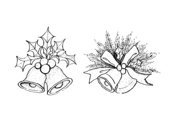 Golden Bells with Christmas Holly and Pine Leaves