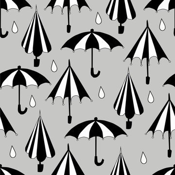 Cartoon Black And White Umbrella Seamless Pattern On A Gray Background