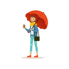 Man wearing warm clothes with coffee cup standing under red umbrella flat vector illustration