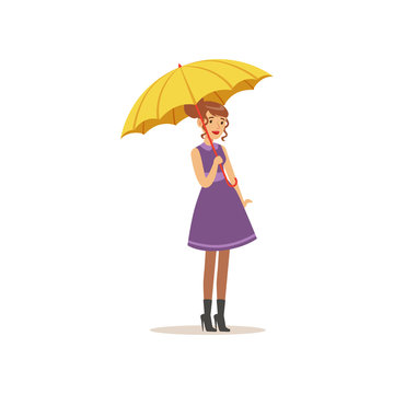 Beautiful young woman in purple dress standing with yellow umbrella flat vector illustration