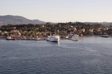 View of ships and Corfu (Kerkyra) town. It's an island off Greece&rsquo;s northwest coast in the Ionian Sea. Its cultural heritage reflects Venetian, French and British rule.