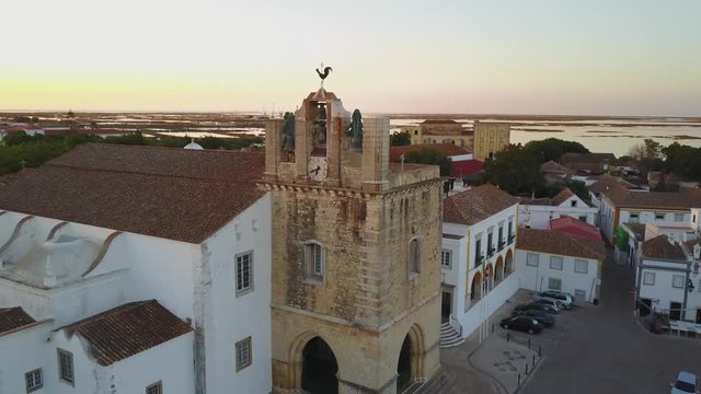 Aerial view of Faro with historic cathedral in the middle of old town, Portugal
