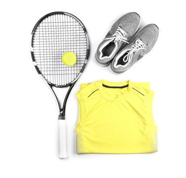 Tennis racket, ball, clothes and shoes on white background Stock Photo |  Adobe Stock
