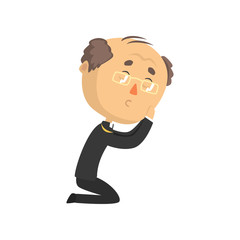 Humble mature priest character kneeling down and praying, catholic preacher, holy father in robe cartoon vector illustration
