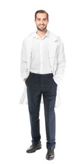 Young pharmacist on white background