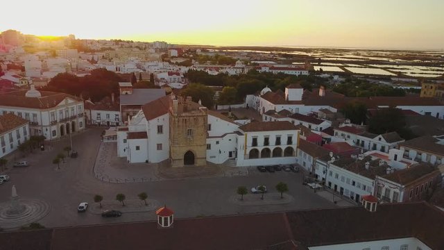 Aerial view of Faro with historic cathedral in the middle of old town, Portugal