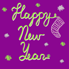 Happy New Year vector retro card. Hand made poster with inscription, xmas sock and snowflakes. 