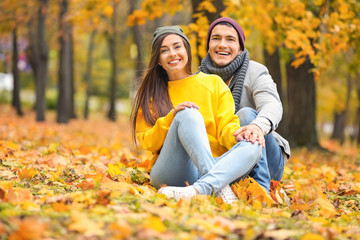 Young couple sitting on ground in autumn park