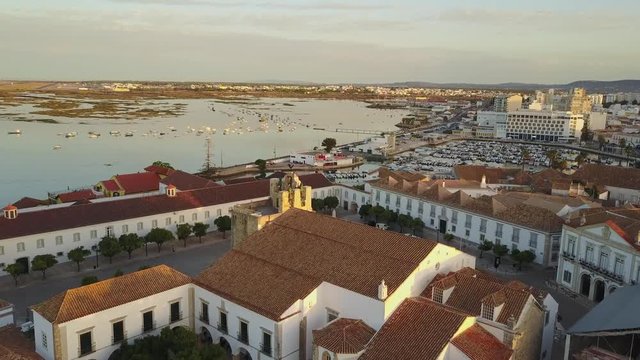 Aerial view of Faro with historic cathedral in the middle of old town, Portugal