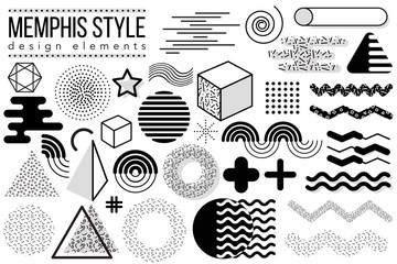 Abstract vector design elements set. Memphis style geometric shapes and forms collection to create poster, brochure, layout, template or presentation. Easy to combine and edit - 183363532