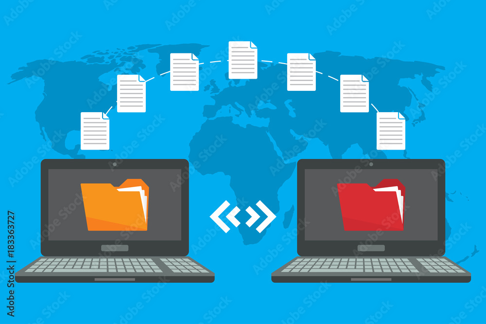 Poster file transfer. two laptops with folders on screen and transferred documents. copy files, data exchan