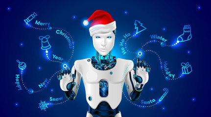 Robot in a red hat of Santa Claus draws on holographic screen Christmas pattern: tree, jingle bell, candy cane, snowflake, sphere, gift. Robot manages organizacia Christmas events or new year's sale.