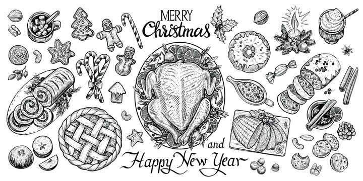 Christmas Dinning Table, Vector Illustration. Wintertime Food And Drinks Top View.