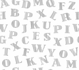 English letters, shaded, background, seamless, white, vector. English alphabet. Hatch grey pencil on a white field. Simulation. Vector decorative background. 