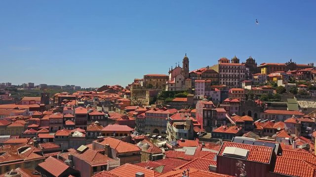 Beautiful architecture of Porto with red roofed, old buildings and flying birds, Portugal
