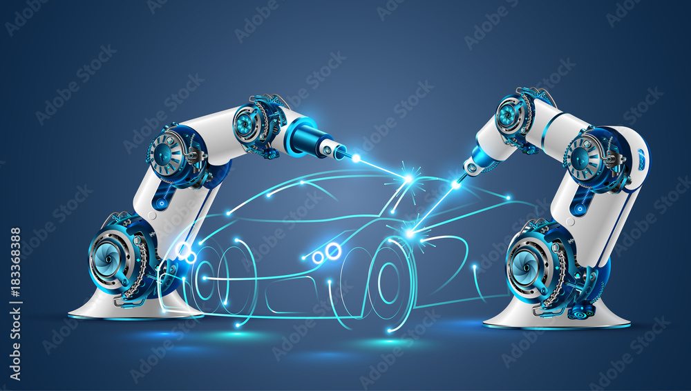 Aufkleber Robot welder in automobile industry. White robots welding car body on automobile factory. The robots draw the outline of the concept car with a laser ray or beam.