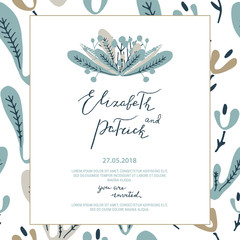 Wedding invitation with floral wreath, watercolor splash and lettering. Save the date template.