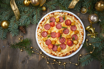 Christmas pizza on the wood board