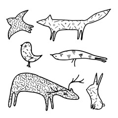 Doodle textured animals. Hand drawn cute illustrations.