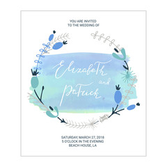 Wedding invitation with floral wreath, watercolor splash and lettering. Save the date template.