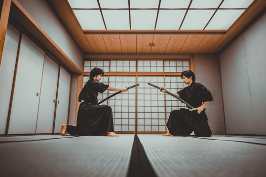 Samurai training in a traditional dojo, in Tokyo