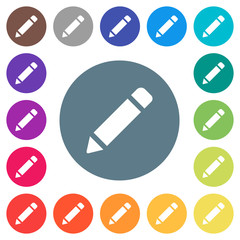 Single pencil with rubber flat white icons on round color backgrounds