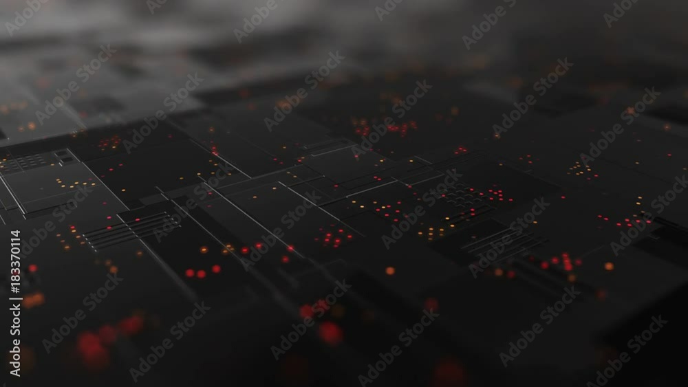 Poster abstract high tech digital technology background made of particles and metallic plates. 3d animation