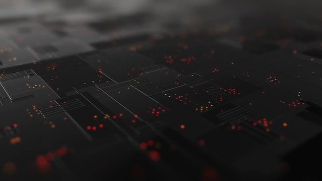 Abstract high tech digital technology background made of particles and metallic plates.  3D animation of seamless loop.