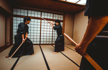 Samurai training in a traditional dojo, in Tokyo