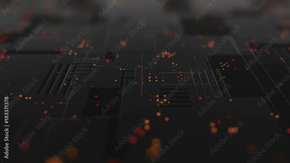 Poster abstract high tech digital technology background made of particles and metallic plates. 3d animation