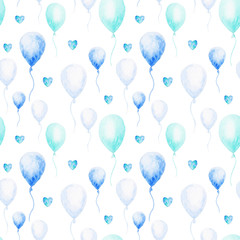 Watercolor baby shower pattern. Blue balloons on the white background. For design, print or background