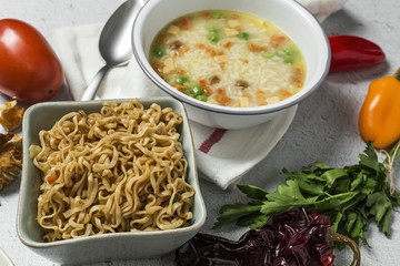 Noodles with vegetables. Typical oriental food