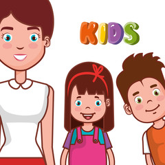 little kids group with teacher in classroom vector illustration design