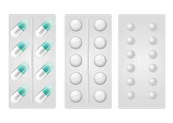 Set of realistic pills in blister pack. Collection of tablet strips isolated on the white background. Pills in different forms and shapes. Medicine and drugs vector illustration.
