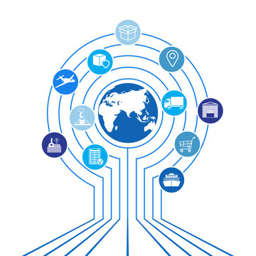 Global logistics network. Map global logistics partnership connection.  White similar world map and logistics icons.  Flat design. Vector illustration EPS10.