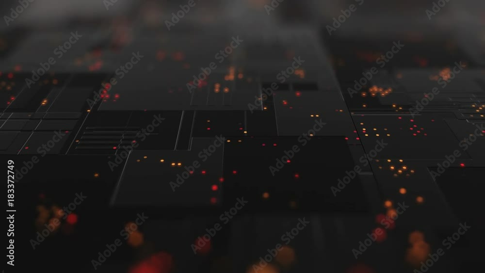 Poster abstract high tech digital technology background made of particles and metallic plates. 3d animation
