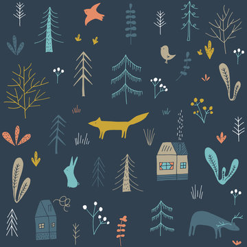 Wildwood Floral Seamless Pattern. Vector Forest Print.