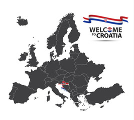 Vector illustration of a map of Europe with the state of Croatia in the appearance of the Croatian flag and Croatian ribbon isolated on a white background