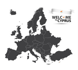 Vector illustration of a map of Europe with the state of Cyprus in the appearance of the Cypriot flag and Cypriot ribbon isolated on a white background
