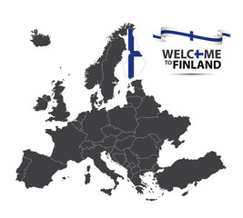 Vector illustration of a map of Europe with the state of Finland in the appearance of the Finnish flag and Finnish ribbon isolated on a white background