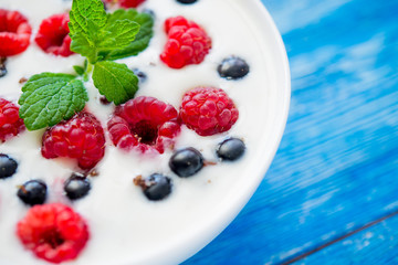 healthy food with fruit and yoghurt
